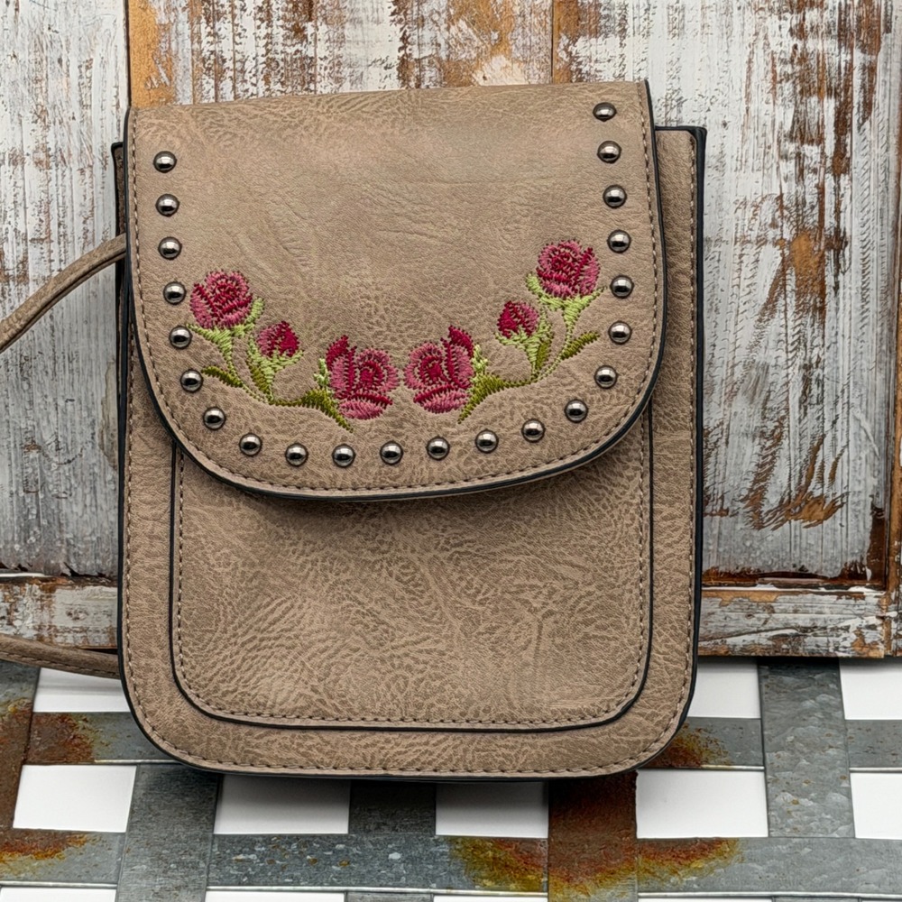Tan Faux Leather Embroidered Rose Studded Western Crossbody Bag Small Taupe